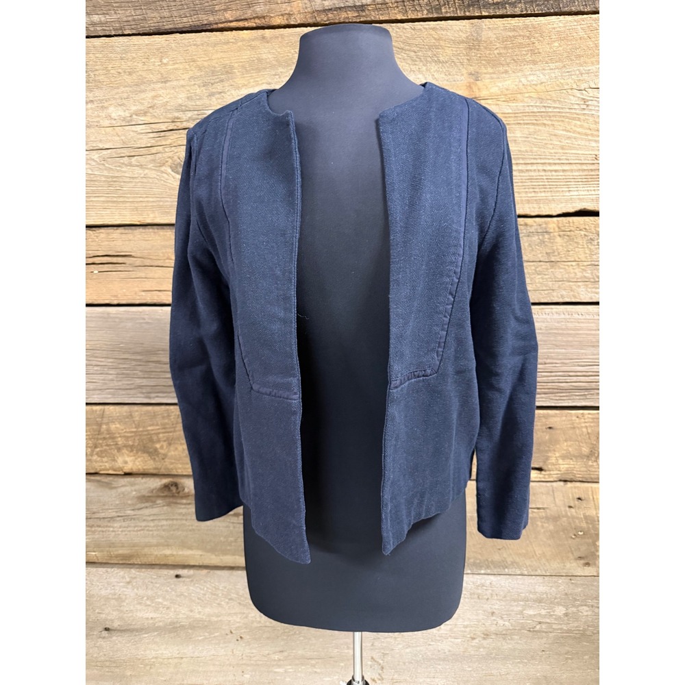 NWT Leo & Sage Womens Navy Blue Linen Cotton Blend Open Front Jacket Size S
